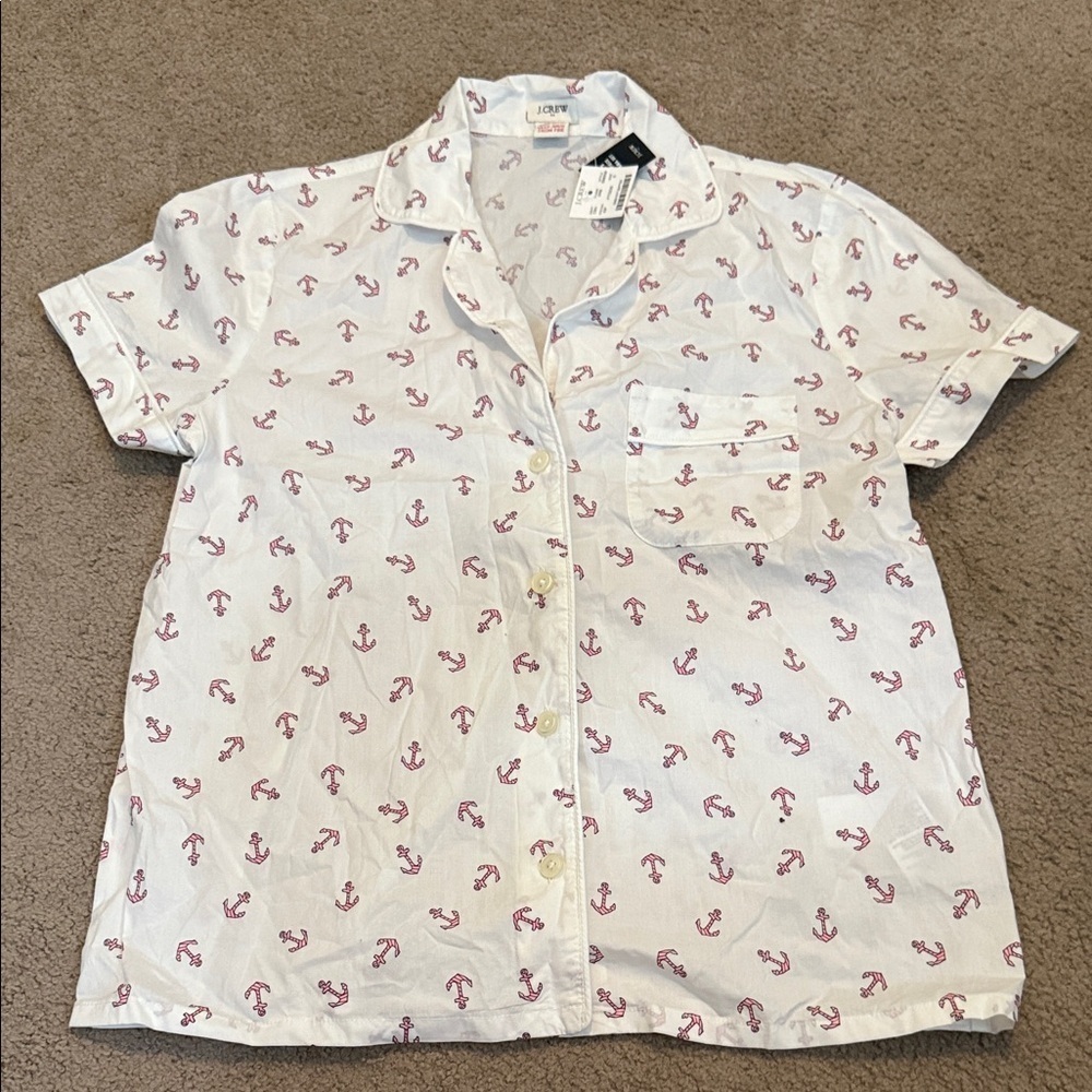 J. Crew White Pajama Top with Pink Anchor Design